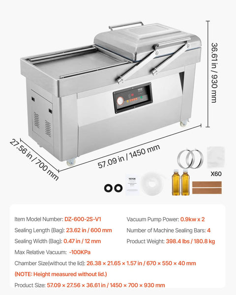 Chamber Vacuum Sealer With 1200 Watts And A Generous 23 Inch Seal Bar, stainless steel, user-friendly control panel, professional design.