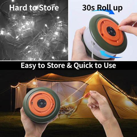 3 In 1 Camping Light And String Set with 32.8 Ft Reach showing quick roll-up storage and use as a tent lantern with LED lights