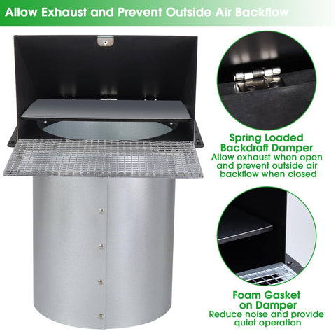 12 Inch Wall Vent Hood Exhaust Cap For Dryer Vent Cover With Screen And Damper Exterior Hooded Wall Vent For HVAC Ducts