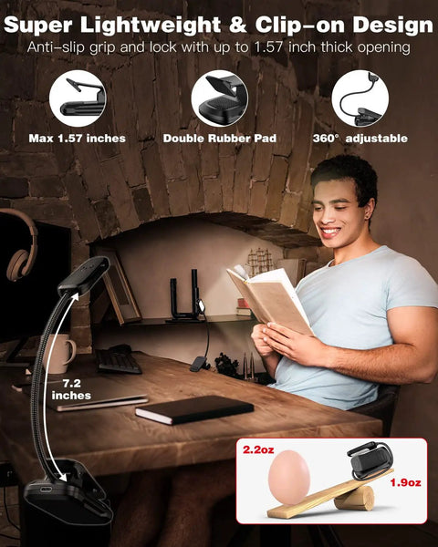 Man using Clip On USB C Rechargeable Book Light With Travel Case And Adapter 800 mAh Battery Delivers Up To 90 Hours For Late Night