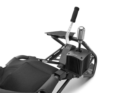 Universal Sim Racing Gear Shifter and Handbrake Mount Adjustable Cockpit Bracket showing gear shifter and handbrake setup.