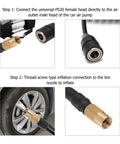 Hella Flexible Car Air Pump Extension Hose 9.84 Feet PS20 Female Plug showing installation steps with tire nozzle connections.