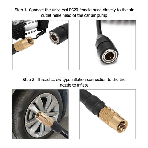 Hella Flexible Car Air Pump Extension Hose 9.84 Feet PS20 Female Plug showing installation steps with tire nozzle connections.