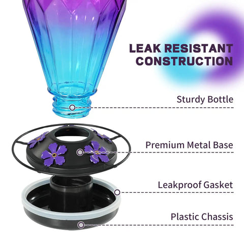 Outdoor Hummingbird Nectar Feeder 25 Oz With Perch And 5 Flower Ports No Fuss Easy Fill Leak Proof Base Hanging Garden Hook Diamond Purple Finish components