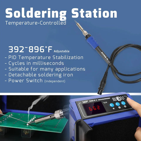 Fume Extractor And Soldering Station 2 In 1 Solder Smoke Absorber With PID Temperature Control showing temperature range and features
