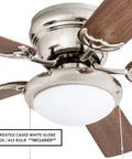 52 Inch Hugger Ceiling Fan With Bowl Light Kit In Brushed Nickel, Low Profile 11.5 Inch Drop, 5 Dual Finish Blades