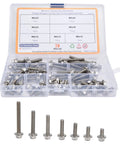 70 Piece Hex Flange Bolt Kit Stainless Steel 304 Fasteners Set with varying sizes in open case for industrial projects