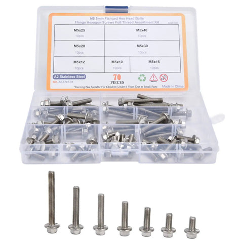 70 Piece Hex Flange Bolt Kit Stainless Steel 304 Fasteners Set with varying sizes in open case for industrial projects