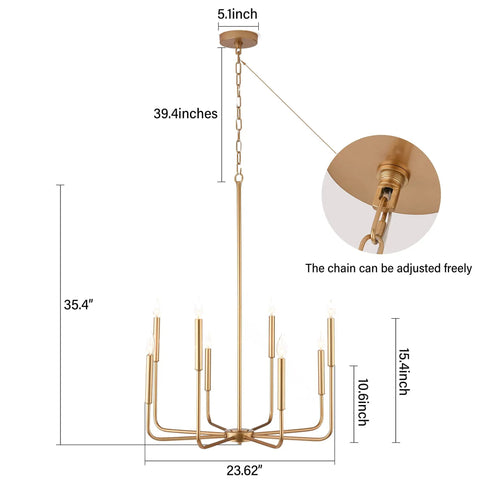 Dimensions of 8 Lights Farmhouse Chandelier Gold Rustic Industrial Candle Ceiling Light Fixture For Living Room Dining Room Kitchen Island Foyer And Bedroom Cozy Vibe