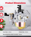 Carburetor And Air Filter Tune Up Kit For Honda GX Series Engines GX120 GX140 GX160 GX168 GX200 5HP 5.5HP 6.5HP shown with dimensions