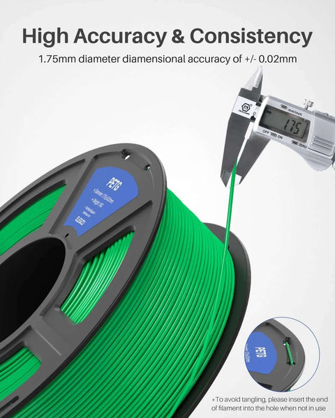 Green PETG Filament 1.75Mm spool with caliper showing dimensional accuracy, PETG Filament 1.75Mm Black 1Kg Spool For Most FDM 3D Printers With Dimensional Accuracy Plus Minus 0.02 mm Beefy Durable And Impact Resistant For Mechanical Parts And Smooth Easy Printing