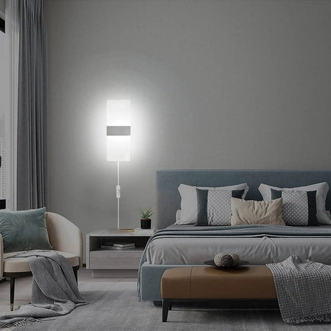 Bedroom scene with Two Pack Modern LED Wall Sconces Plug In Lights 10W 6000K Cool White Acrylic Wall Lamps above side table.