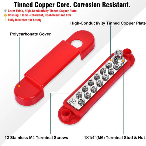 Hardcore 150A Power Distribution Block Dual Bus Bar With Tinned Copper Terminals Slick Wiring Kit with protective cover and screws.
