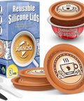 Reusable Silicone Lids For Nespresso Vertuo Pods 3 Pack Universal Fit Food Grade Caps displayed with packaging and scoop.