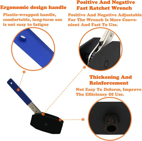 Close-up of 4 In 1 Universal Disc Brake Caliper Tool With 360 Degree Ratcheting System And 2 Hooks showcasing ergonomic handle and ratchet wrench.