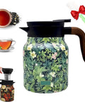 Vintage Floral Teapot With Built In Infuser And V Shaped Spout Stainless Steel Detachable Coffee Pot With Green Wooden Handle
