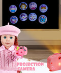 18 Inch Doll Travel Play Set With Luggage Case Clothes Shoes Bag Sunglasses Camera Passport Notebook Phone And More Accessories showing doll with pink projection camera and images on wall.