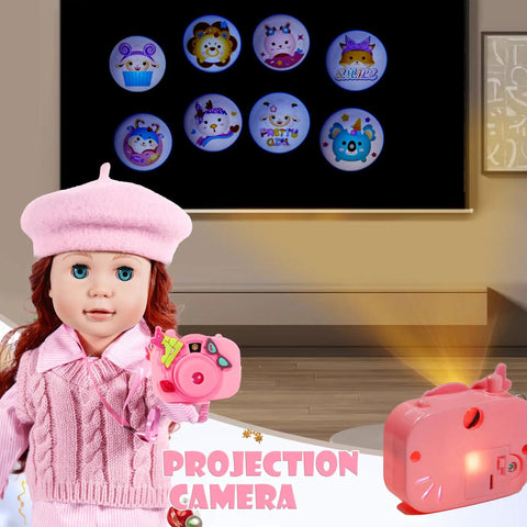 18 Inch Doll Travel Play Set With Luggage Case Clothes Shoes Bag Sunglasses Camera Passport Notebook Phone And More Accessories showing doll with pink projection camera and images on wall.