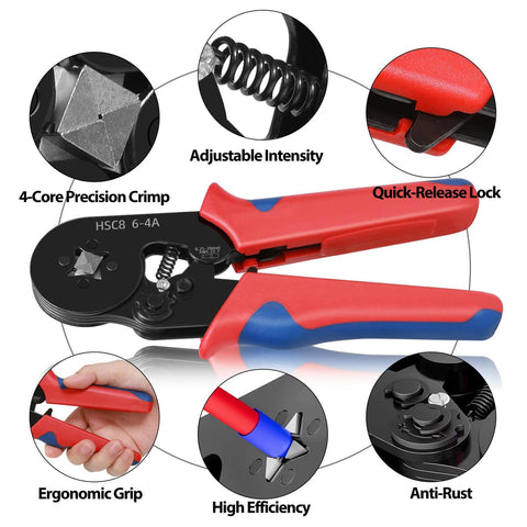Close-up of Pro Grade Ferrule Crimping Tool Kit with red ergonomic handle, showing features such as precision crimp and quick-release lock.