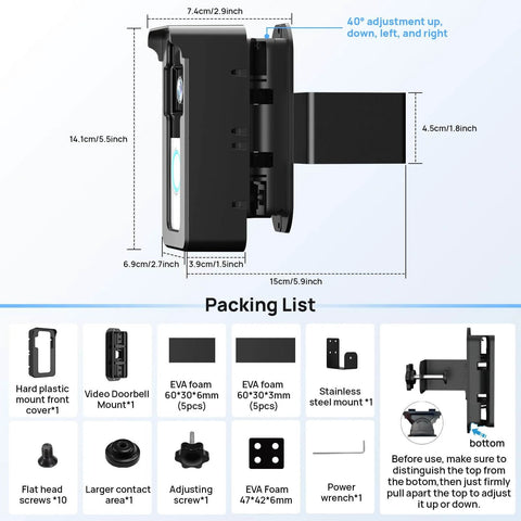No Drill Doorbell Mount For Ring And Blink Cameras With Three Way Adjustment, black, dimensions and parts shown
