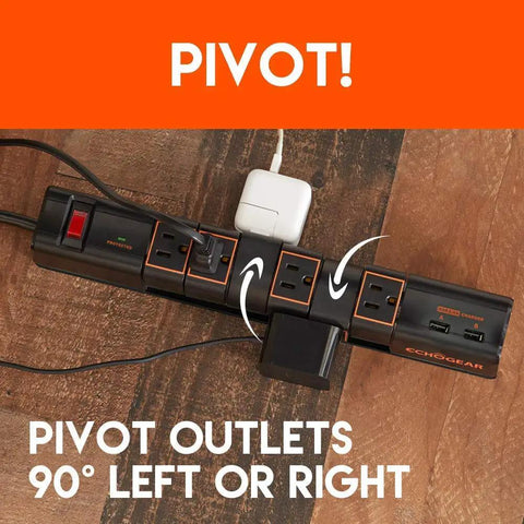 Rotating Surge Protector Power Strip With Six Swivel Outlets And Two USB Ports, 1080 Joules Of Surge Protection on wood surface