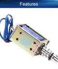 Beefy 24V 15N Pull Type Solenoid Electromagnet Built For Precise Linear Motion Open Frame With 10mm Stroke Spring Return And Low Friction 37 By 20 By 26.5mm 1A 9.6W DC Coil, blue lead wires