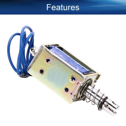 Beefy 24V 15N Pull Type Solenoid Electromagnet Built For Precise Linear Motion Open Frame With 10mm Stroke Spring Return And Low Friction 37 By 20 By 26.5mm 1A 9.6W DC Coil, blue lead wires