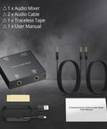 Active 2 Channel 3.5mm Audio Mixer For PC Console Phone And MP3 Players with cables, connectors, and user manual displayed.