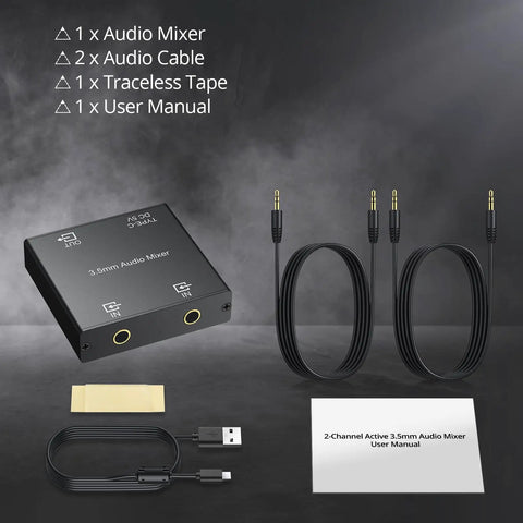 Active 2 Channel 3.5mm Audio Mixer For PC Console Phone And MP3 Players with cables, connectors, and user manual displayed.