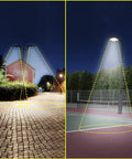 Dual Bullhorn Mounting Brackets For LED Parking Lot Lights 180 Degree Round Pole Mounts illuminating street and court at night