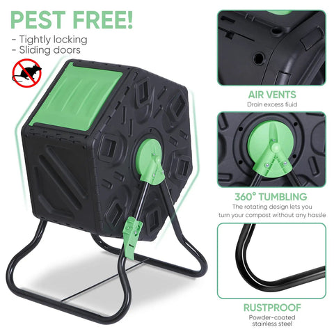 18.5 Gallon Compost Tumbler With Two Sliding Doors All Season Outdoor BPA Free PP And Solid Steel Frame, front and side view