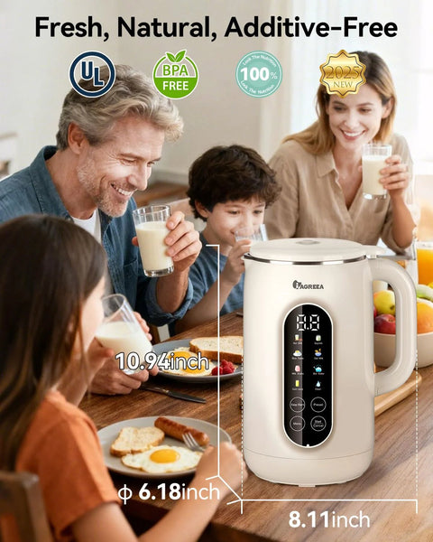 IAGREEA 10-in-1 nut milk maker, front view, white body with black touchscreen panel and stainless steel lid.