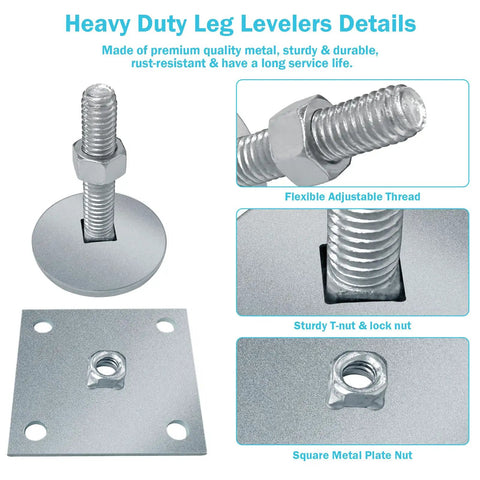 Components of Heavy Duty 2 Inch Leg Levelers Set With Square Metal Plate For Arcade Game Cabinets Four Pack Adjustable Cabinet Feet