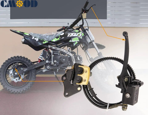 Street Ready Front Disc Brake Master Cylinder Caliper Assembly For 50cc To 125cc Chinese ATV Dirt Bike Pit Bike Front Brake Kit Fits SSR Roketa Lifan Coolster Baja Sunl Apollo Atomik Jetmomo And More. Close-up of brake assembly beside a dirt bike showing lever and caliper details.