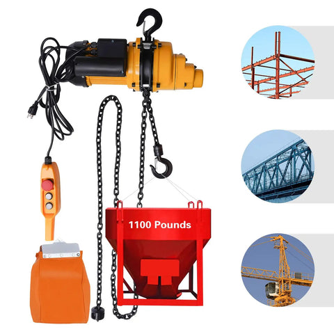 Shop Ready 1300W Electric Chain Hoist Hauls 1100 Pounds Without Breaking A Sweat Featuring IP55 Aluminum Housing And Wired Pendant Control For Cranking Massive Rig Loads Smoothly, showcasing the motor, pendant, and load bucket.