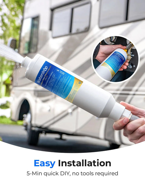 RV Inline Water Filter NSF Certified Reduces Chlorine Bad Taste And Odor With KDF And GAC Filtration 2 Pack installation on RV
