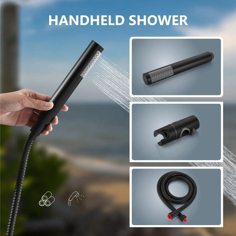 Wall Mount Outdoor Shower Kit With Handheld Spray Rugged Brass And Stainless Steel Fixtures In Matte Black detailed view