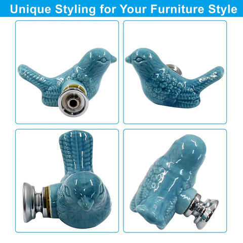 Upgrade Your Cabinetry With These Dope Blue Ceramic Bird Knobs And Pulls Comes With Mounting Hardware For A Quick DIY Home Refresh You Definitely Gonna Want To Add This Slick Vibe To Your Space - Four views of blue ceramic bird knobs with shiny silver mounts.