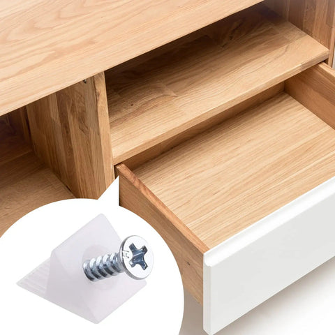 100 Pack Fixing Wedges For Sagging Drawers, 90 Degree Plastic Angle Brackets With Screws shown in open drawer, white and silver