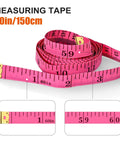 Pink 60in/150cm measuring tape with gold metal end, shown coiled and in close-up ruler detail