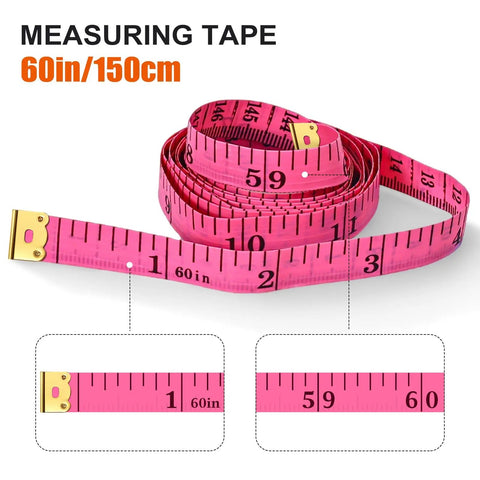 Pink 60in/150cm measuring tape with gold metal end, shown coiled and in close-up ruler detail
