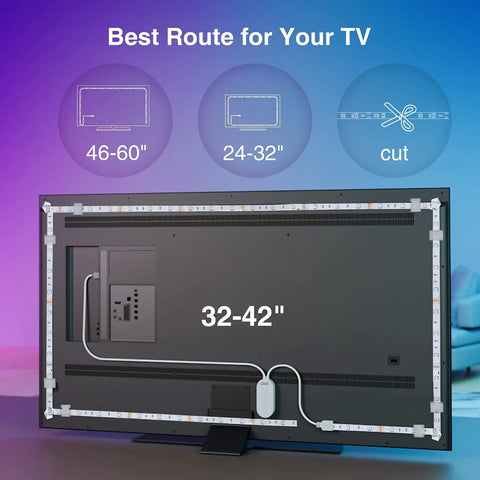 Back view of TV showing installation of 9.2ft Smart TV Backlight LED Strip with 16 Million RGB Colors Dimmable App Control, fits 32-42 inch screens