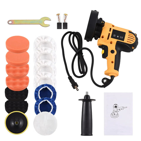 Powerful 700W Buffer Polisher 5 Inch With Variable Speed 600 To 3700 RPM Detachable Handle Includes 6 Sponge Pads 6 Cloth Bonnet Pads 1 Wool Pad And Spanner For Auto Detailing Waxing Polishing And Scratch Removal product set showing included accessories