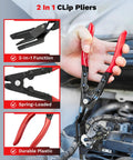 Electrical Disconnect Pliers And Connector Removal Tool Kit for DIY Car Care showing 2-in-1 spring-loaded clip pliers in use