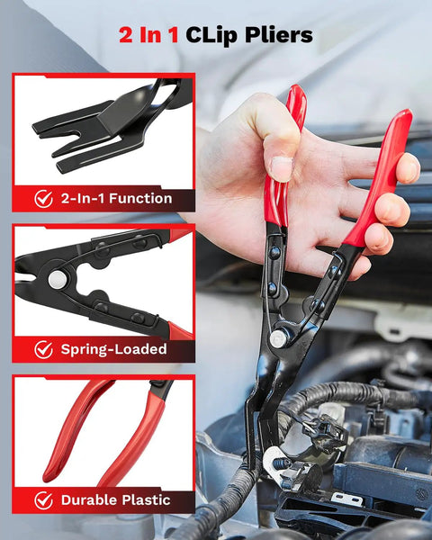 Electrical Disconnect Pliers And Connector Removal Tool Kit for DIY Car Care showing 2-in-1 spring-loaded clip pliers in use