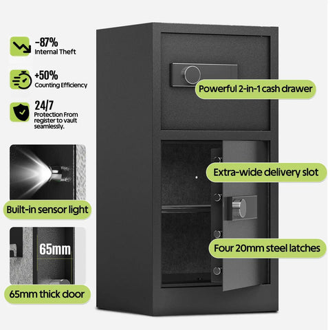 Beefy Extra Large Dual Door Home Safe 8.6 Cu Ft Tall Safe For Laptops And Legal Files Upright, featuring sensor light and thick door.