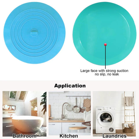 Slick Silicone Tub Stopper Two Pack, 5 Inch Flat Suction Bath Plug With Heavy Grip, Catches Every Stray Hair And Stops Water Drips No Leak Nonsense For Bathtubs And Sinks, Blue And Green Kit on display.