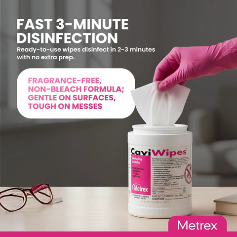 CaviWipes Disinfecting Towelettes For Hard Non Porous Surfaces In Healthcare And Lab Settings Pre Saturated With CaviCide Durable Non Woven Wipes Ready To Use For Fast Sanitation 160 Wipes Pack, canister open with wipe