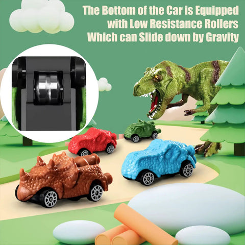 Awesome Toy Car Ramp Track With Dinosaur Spray Hills Adventure Railcar Slot Car Race Set For Kids Ages 3 To 6 Includes 20 Mini Cars And Dino Cars Classic Edition Gift showing dinosaur cars on track with T-Rex.