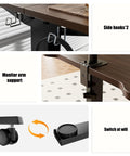 Electric Standing Desk Lifts Adjustable Height From 18.9 To 29.5 Inches With Lockable Wheels And Smooth Motor For Home Office Ergonomic Computer Desk Setup Easy One Touch Control showing side hooks and monitor arm support.